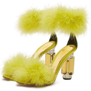 imageFSJ Women Unique Open Toe Fur Fur Sandals Crystal Chunky High Heel Ankle Strap Ladies Wedding Party Prom Dress Shoes Size 416 USLime Green