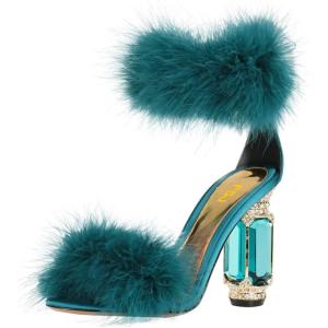 imageFSJ Women Unique Open Toe Fur Fur Sandals Crystal Chunky High Heel Ankle Strap Ladies Wedding Party Prom Dress Shoes Size 416 USSeagreen