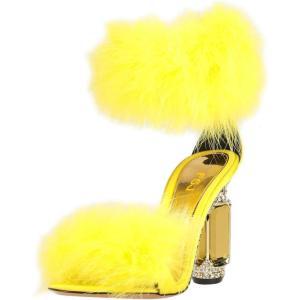 imageFSJ Women Unique Open Toe Fur Fur Sandals Crystal Chunky High Heel Ankle Strap Ladies Wedding Party Prom Dress Shoes Size 416 USYellow