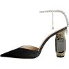 imageFSJ Women Bridal Heeled Sandals Pointy Toe Crystal Chain Ankle Strap Pumps Luxury Rhinestone Embellished Chunky Heels Wedding Party Dress Shoes Size 416 USBlack Suede
