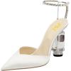 imageFSJ Women Bridal Heeled Sandals Pointy Toe Crystal Chain Ankle Strap Pumps Luxury Rhinestone Embellished Chunky Heels Wedding Party Dress Shoes Size 416 USWhite Satin
