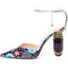 imageFSJ Women Bridal Heeled Sandals Pointy Toe Crystal Chain Ankle Strap Pumps Luxury Rhinestone Embellished Chunky Heels Wedding Party Dress Shoes Size 416 USPurple Flower Print