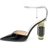 imageFSJ Women Bridal Heeled Sandals Pointy Toe Crystal Chain Ankle Strap Pumps Luxury Rhinestone Embellished Chunky Heels Wedding Party Dress Shoes Size 416 USBlack Mirror Leather