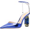 imageFSJ Women Bridal Heeled Sandals Pointy Toe Crystal Chain Ankle Strap Pumps Luxury Rhinestone Embellished Chunky Heels Wedding Party Dress Shoes Size 416 USBlue Mirror Leather