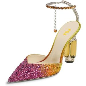 imageFSJ Women Bridal Heeled Sandals Pointy Toe Crystal Chain Ankle Strap Pumps Luxury Rhinestone Embellished Chunky Heels Wedding Party Dress Shoes Size 416 USOrange Gradient Rhinestones