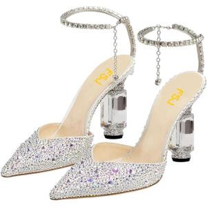 imageFSJ Women Bridal Heeled Sandals Pointy Toe Crystal Chain Ankle Strap Pumps Luxury Rhinestone Embellished Chunky Heels Wedding Party Dress Shoes Size 416 USBling Rhinestones
