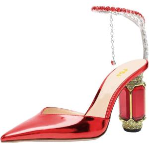 imageFSJ Women Bridal Heeled Sandals Pointy Toe Crystal Chain Ankle Strap Pumps Luxury Rhinestone Embellished Chunky Heels Wedding Party Dress Shoes Size 416 USRed Mirror Leather