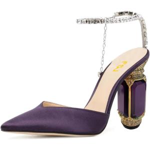 imageFSJ Women Bridal Heeled Sandals Pointy Toe Crystal Chain Ankle Strap Pumps Luxury Rhinestone Embellished Chunky Heels Wedding Party Dress Shoes Size 416 USPurple Satin