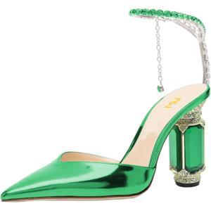 imageFSJ Women Bridal Heeled Sandals Pointy Toe Crystal Chain Ankle Strap Pumps Luxury Rhinestone Embellished Chunky Heels Wedding Party Dress Shoes Size 416 USGreen Mirror Leather