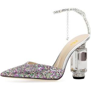 imageFSJ Women Bridal Heeled Sandals Pointy Toe Crystal Chain Ankle Strap Pumps Luxury Rhinestone Embellished Chunky Heels Wedding Party Dress Shoes Size 416 USMulticolor Glitter