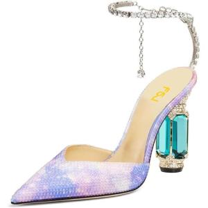 imageFSJ Women Bridal Heeled Sandals Pointy Toe Crystal Chain Ankle Strap Pumps Luxury Rhinestone Embellished Chunky Heels Wedding Party Dress Shoes Size 416 USLight Purple Dreamy Rhinestones