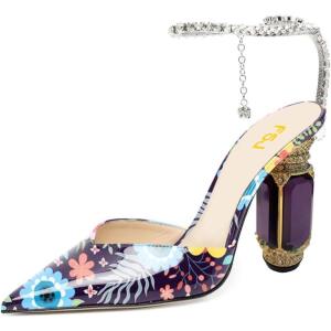 imageFSJ Women Bridal Heeled Sandals Pointy Toe Crystal Chain Ankle Strap Pumps Luxury Rhinestone Embellished Chunky Heels Wedding Party Dress Shoes Size 416 USPurple Flower Print