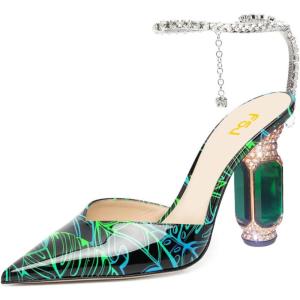 imageFSJ Women Bridal Heeled Sandals Pointy Toe Crystal Chain Ankle Strap Pumps Luxury Rhinestone Embellished Chunky Heels Wedding Party Dress Shoes Size 416 USGreen Leaf Print