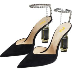 imageFSJ Women Bridal Heeled Sandals Pointy Toe Crystal Chain Ankle Strap Pumps Luxury Rhinestone Embellished Chunky Heels Wedding Party Dress Shoes Size 416 USBlack Suede