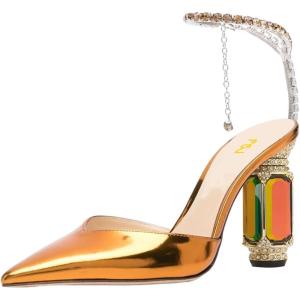 imageFSJ Women Bridal Heeled Sandals Pointy Toe Crystal Chain Ankle Strap Pumps Luxury Rhinestone Embellished Chunky Heels Wedding Party Dress Shoes Size 416 USOrange Mirror Leather