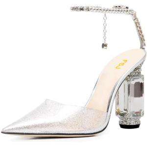 imageFSJ Women Bridal Heeled Sandals Pointy Toe Crystal Chain Ankle Strap Pumps Luxury Rhinestone Embellished Chunky Heels Wedding Party Dress Shoes Size 416 USClear