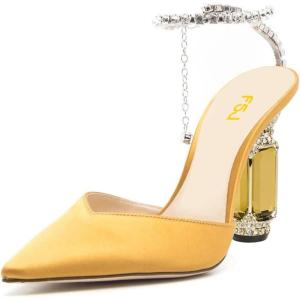 imageFSJ Women Bridal Heeled Sandals Pointy Toe Crystal Chain Ankle Strap Pumps Luxury Rhinestone Embellished Chunky Heels Wedding Party Dress Shoes Size 416 USYellow Satin