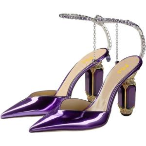 imageFSJ Women Bridal Heeled Sandals Pointy Toe Crystal Chain Ankle Strap Pumps Luxury Rhinestone Embellished Chunky Heels Wedding Party Dress Shoes Size 416 USPurple Mirror Leather