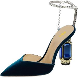 imageFSJ Women Bridal Heeled Sandals Pointy Toe Crystal Chain Ankle Strap Pumps Luxury Rhinestone Embellished Chunky Heels Wedding Party Dress Shoes Size 416 USCyan Velvet
