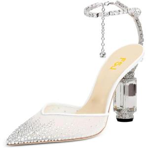 imageFSJ Women Bridal Heeled Sandals Pointy Toe Crystal Chain Ankle Strap Pumps Luxury Rhinestone Embellished Chunky Heels Wedding Party Dress Shoes Size 416 USWhite Mesh