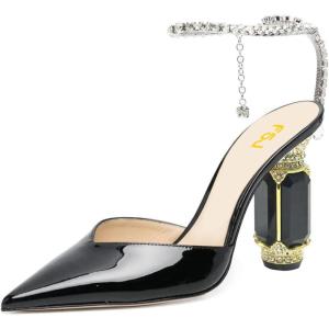 imageFSJ Women Bridal Heeled Sandals Pointy Toe Crystal Chain Ankle Strap Pumps Luxury Rhinestone Embellished Chunky Heels Wedding Party Dress Shoes Size 416 USBlack Mirror Leather