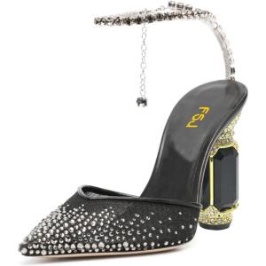 imageFSJ Women Bridal Heeled Sandals Pointy Toe Crystal Chain Ankle Strap Pumps Luxury Rhinestone Embellished Chunky Heels Wedding Party Dress Shoes Size 416 USBlack Mesh