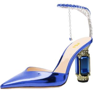 imageFSJ Women Bridal Heeled Sandals Pointy Toe Crystal Chain Ankle Strap Pumps Luxury Rhinestone Embellished Chunky Heels Wedding Party Dress Shoes Size 416 USBlue Mirror Leather