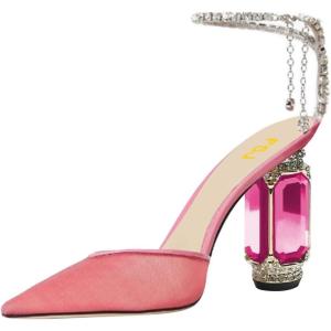 imageFSJ Women Bridal Heeled Sandals Pointy Toe Crystal Chain Ankle Strap Pumps Luxury Rhinestone Embellished Chunky Heels Wedding Party Dress Shoes Size 416 USPink Mesh