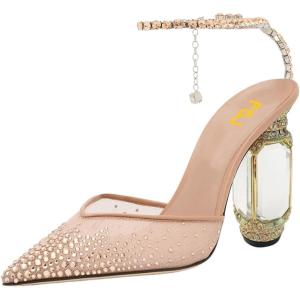 imageFSJ Women Bridal Heeled Sandals Pointy Toe Crystal Chain Ankle Strap Pumps Luxury Rhinestone Embellished Chunky Heels Wedding Party Dress Shoes Size 416 USNude Mesh