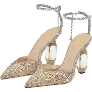 imageFSJ Women Bridal Heeled Sandals Pointy Toe Crystal Chain Ankle Strap Pumps Luxury Rhinestone Embellished Chunky Heels Wedding Party Dress Shoes Size 416 USGold Rhinestones