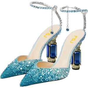 imageFSJ Women Bridal Heeled Sandals Pointy Toe Crystal Chain Ankle Strap Pumps Luxury Rhinestone Embellished Chunky Heels Wedding Party Dress Shoes Size 416 USBlue Gradient Rhinestones