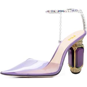 imageFSJ Women Bridal Heeled Sandals Pointy Toe Crystal Chain Ankle Strap Pumps Luxury Rhinestone Embellished Chunky Heels Wedding Party Dress Shoes Size 416 USPurple Clear