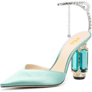 imageFSJ Women Bridal Heeled Sandals Pointy Toe Crystal Chain Ankle Strap Pumps Luxury Rhinestone Embellished Chunky Heels Wedding Party Dress Shoes Size 416 USTurquoise