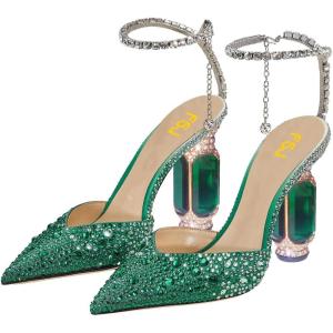 imageFSJ Women Bridal Heeled Sandals Pointy Toe Crystal Chain Ankle Strap Pumps Luxury Rhinestone Embellished Chunky Heels Wedding Party Dress Shoes Size 416 USGreen Rhinestones