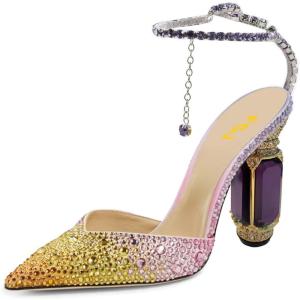 imageFSJ Women Bridal Heeled Sandals Pointy Toe Crystal Chain Ankle Strap Pumps Luxury Rhinestone Embellished Chunky Heels Wedding Party Dress Shoes Size 416 USPurple Gradient Rhinestones