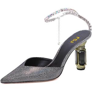 imageFSJ Women Bridal Heeled Sandals Pointy Toe Crystal Chain Ankle Strap Pumps Luxury Rhinestone Embellished Chunky Heels Wedding Party Dress Shoes Size 416 USGrey
