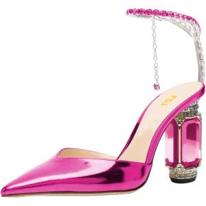 imageFSJ Women Bridal Heeled Sandals Pointy Toe Crystal Chain Ankle Strap Pumps Luxury Rhinestone Embellished Chunky Heels Wedding Party Dress Shoes Size 416 USPink Mirror Leather