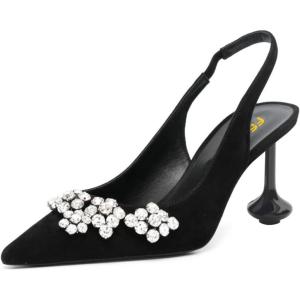 imageFSJ Women Crystal Pointed Toe Slingback Pumps Studded Flower Special High Heels Elastic Strap Party Dating Dress Shoes Size 416 USBlack Suede