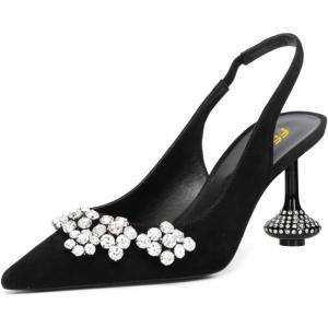 imageFSJ Women Crystal Pointed Toe Slingback Pumps Studded Flower Special High Heels Elastic Strap Party Dating Dress Shoes Size 416 USBlack Suede Rhinestone Heel