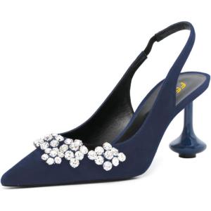 imageFSJ Women Crystal Pointed Toe Slingback Pumps Studded Flower Special High Heels Elastic Strap Party Dating Dress Shoes Size 416 USBlue Suede