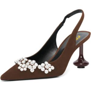 imageFSJ Women Crystal Pointed Toe Slingback Pumps Studded Flower Special High Heels Elastic Strap Party Dating Dress Shoes Size 416 USBrown Suede