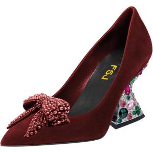 imageFSJ Women Gorgeous Crystal Gemstone Heel Pumps Pointed Toe Slip On Chunky Block Heels with Rhinestones for Bridal Party Wedding Dress Shoes Size 416 USRed Suede