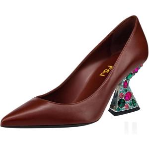 imageFSJ Women Gorgeous Crystal Gemstone Heel Pumps Pointed Toe Slip On Chunky Block Heels with Rhinestones for Bridal Party Wedding Dress Shoes Size 416 USNut Brown