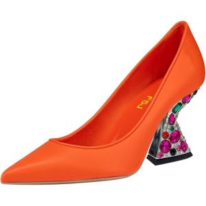 imageFSJ Women Gorgeous Crystal Gemstone Heel Pumps Pointed Toe Slip On Chunky Block Heels with Rhinestones for Bridal Party Wedding Dress Shoes Size 416 USOrange