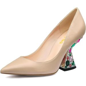 imageFSJ Women Gorgeous Crystal Gemstone Heel Pumps Pointed Toe Slip On Chunky Block Heels with Rhinestones for Bridal Party Wedding Dress Shoes Size 416 USWheat