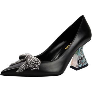 imageFSJ Women Gorgeous Crystal Gemstone Heel Pumps Pointed Toe Slip On Chunky Block Heels with Rhinestones for Bridal Party Wedding Dress Shoes Size 416 USBlack Leather
