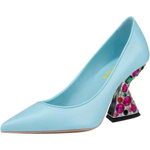 imageFSJ Women Gorgeous Crystal Gemstone Heel Pumps Pointed Toe Slip On Chunky Block Heels with Rhinestones for Bridal Party Wedding Dress Shoes Size 416 USBlue
