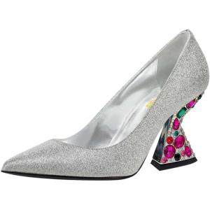 imageFSJ Women Gorgeous Crystal Gemstone Heel Pumps Pointed Toe Slip On Chunky Block Heels with Rhinestones for Bridal Party Wedding Dress Shoes Size 416 USSilver Glitter