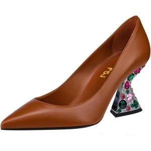 imageFSJ Women Gorgeous Crystal Gemstone Heel Pumps Pointed Toe Slip On Chunky Block Heels with Rhinestones for Bridal Party Wedding Dress Shoes Size 416 USBrown