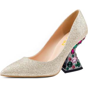imageFSJ Women Gorgeous Crystal Gemstone Heel Pumps Pointed Toe Slip On Chunky Block Heels with Rhinestones for Bridal Party Wedding Dress Shoes Size 416 USGold